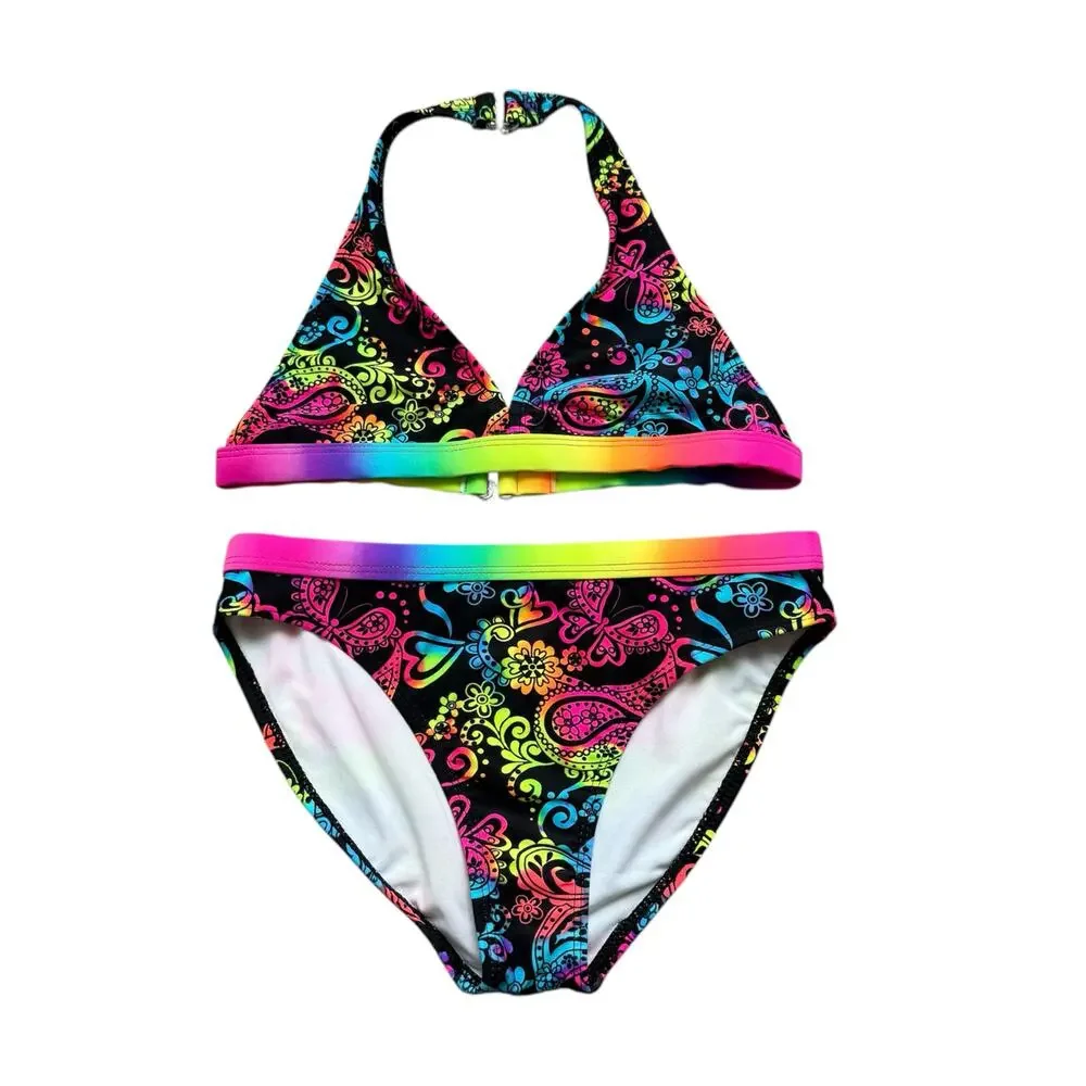 Girls M 7-8 OP Neon Rainbow Paisley Halter Triangle Bikini Swimsuit Set